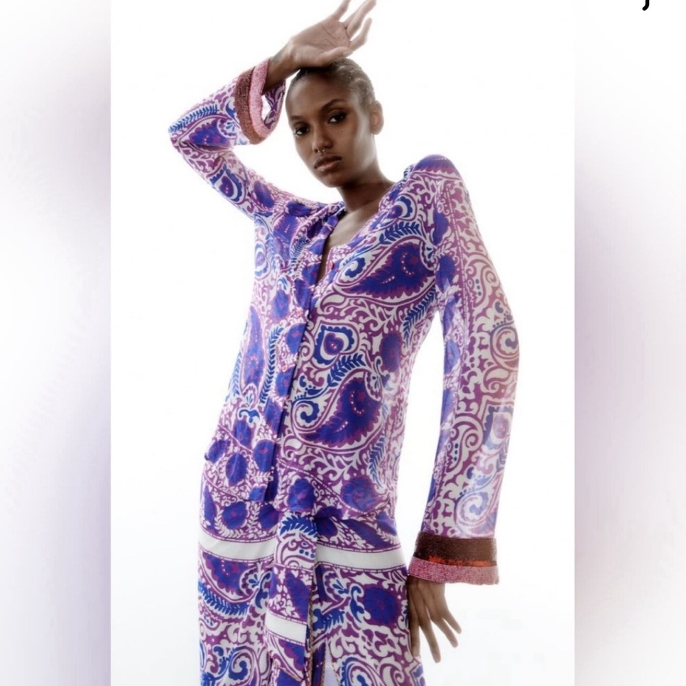 NWT- Zara Beaded button up 
Printed blouse